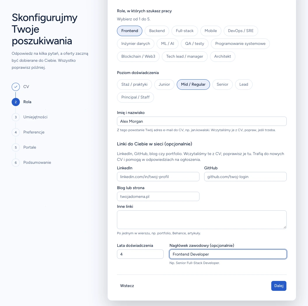 Dane profilu Alex Morgan w kreatorze CVER: opcjonalne linki, cztery lata doświadczenia i nagłówek Frontend Developer