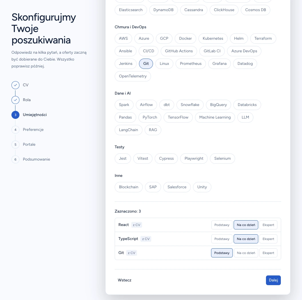 Lista trzech umiejętności w CVER z poziomami Na co dzień dla React i TypeScript oraz Podstawy dla Git
