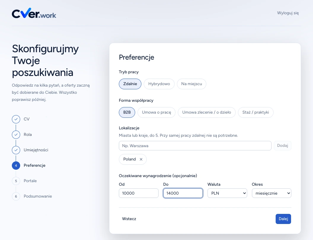 Preferencje CVER: praca zdalna, B2B oraz przykładowe wynagrodzenie 10 000–14 000 PLN miesięcznie