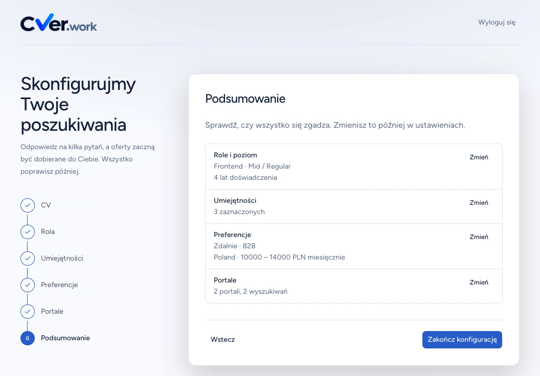Podsumowanie onboardingu CVER z rolą Frontend, trzema umiejętnościami i przyciskiem Zakończ konfigurację